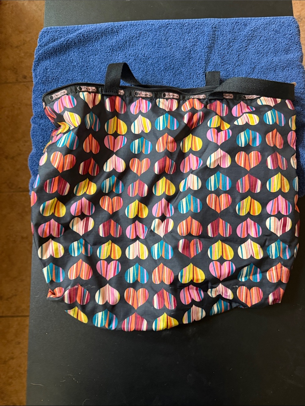 Lesportsac Black Shoulder Bag with Multicolor Striped Hearts